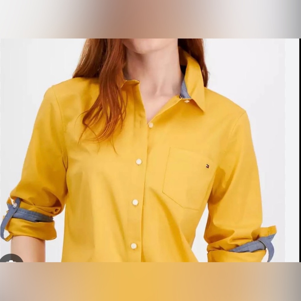 Tommy Hilfiger women’s PLUS Yellow Long Sleeves Button Up Blouse (SKU535)